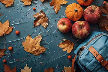  Autumn-themed image featuring a backpack, apples, and leaves.