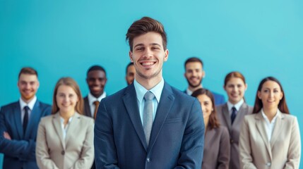 Group of businessmen happy with success with group of professional workers on blue background