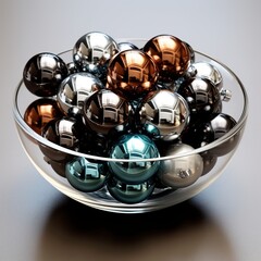 arrangement of different size and color ornaments in a glass bowl