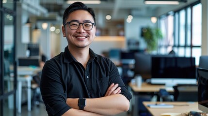 Fototapeta premium Asian businessman standing with arms crossed and smiling with confidence at modern office