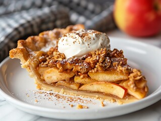 Gluten-free apple pie with an almond flour crust, served with a dollop of Greek yogurt on a white plate