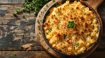 Mac and cheese with a blend of four cheeses, topped with crispy panko breadcrumbs and fresh herbs, styled on a rustic wooden table