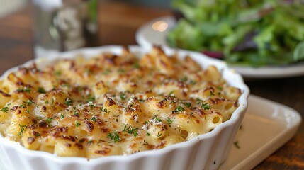 Mac and cheese with caramelized onions and gruyere cheese, baked to perfection and served with a green salad