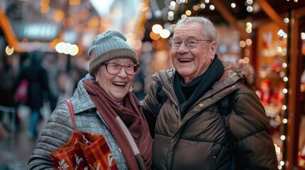 Obraz premium Senior couple, man and woman having fun shopping, shopping bags