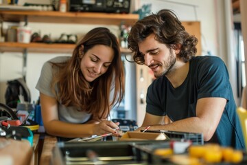 Fototapeta premium An intimate shot capturing a young couple assembling furniture together in their newly rented condo. They are focused on the task, with assembly tools and instruction manuals scattered around.