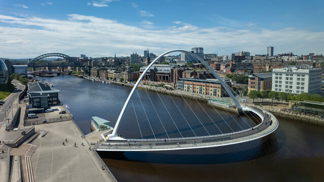 Newcastle upon Tyne, England, UK. Amazing aerial view of the iconic Gateshead Millennium bridge