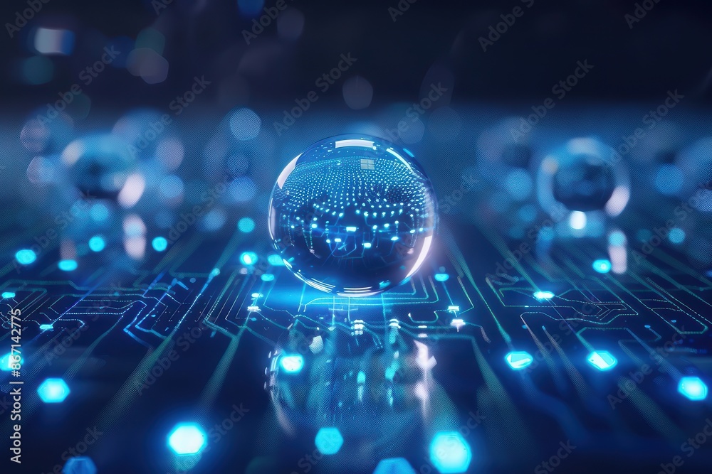 Poster a futuristic digital landscape with glowing blue circuit board and reflective spheres symbolizing te