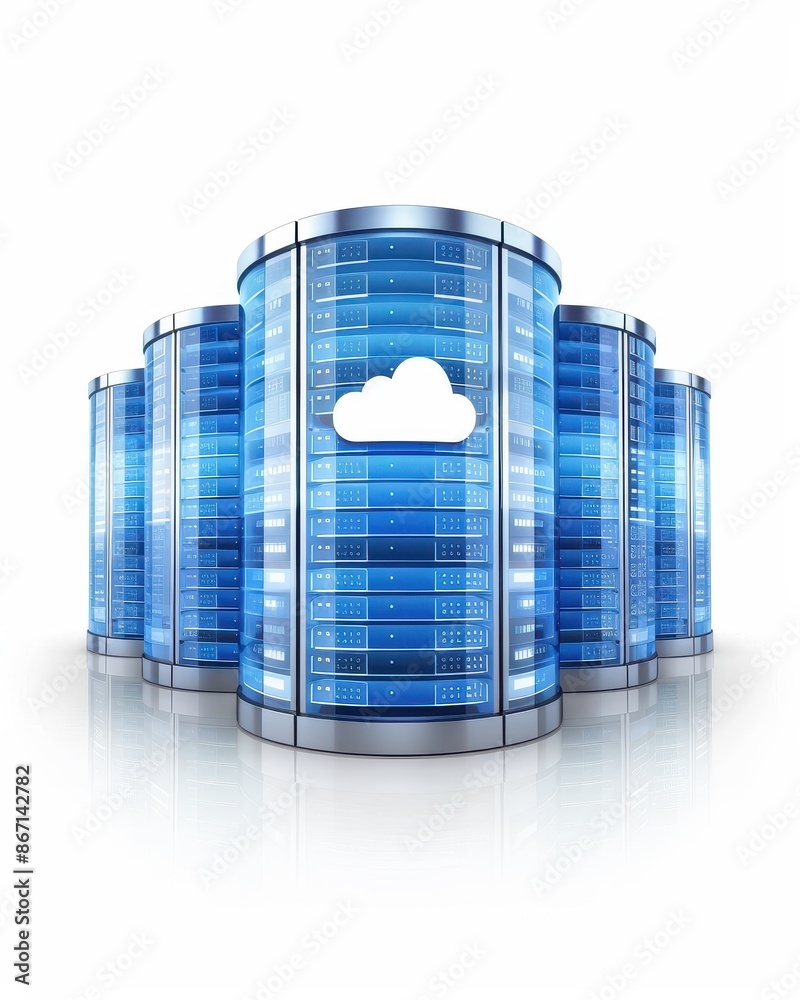 Poster a futuristic illustration of cloud data storage servers with a blue and white theme, showcasing mode
