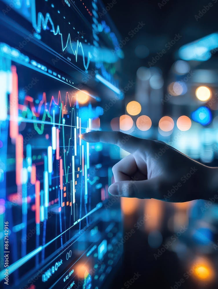 Poster a close-up of a hand touching a futuristic digital screen displaying financial data and stock market