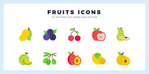 10 Fruits Flat icons pack. vector illustration.