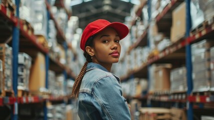 Obraz premium A young female employee in a large warehouse