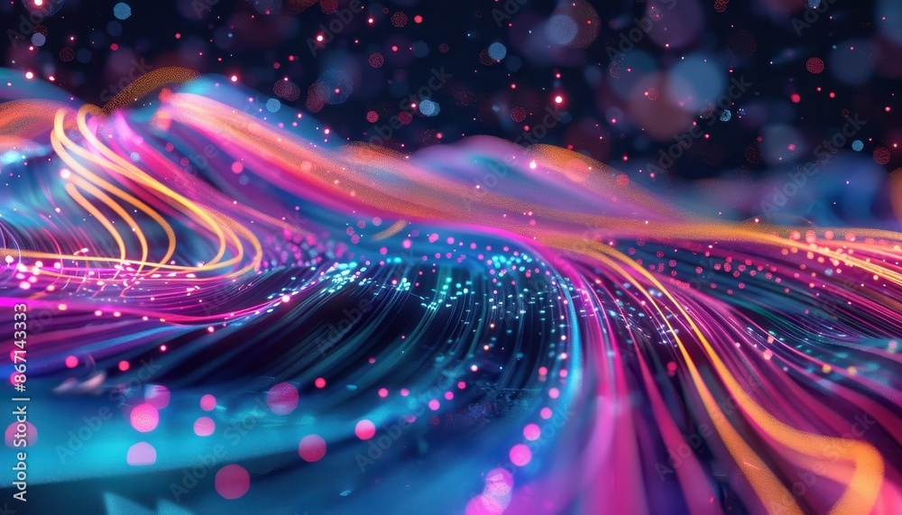 Poster Vibrant abstract digital art with flowing neon lines and dynamic particles on a dark background, creating a futuristic and energetic visual effect.