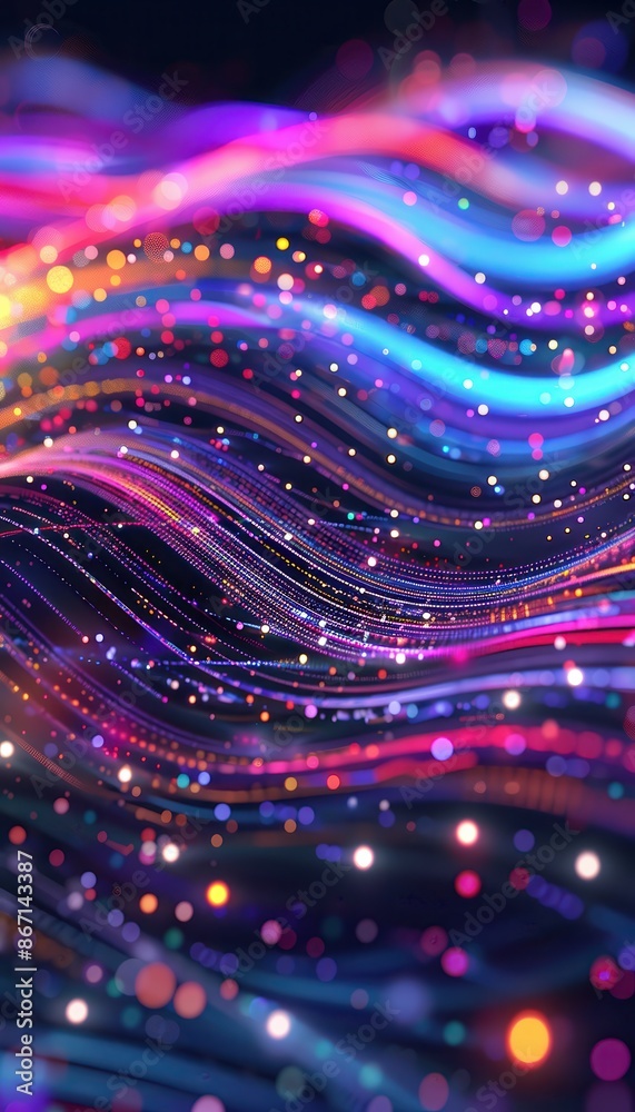 Poster Vibrant abstract digital art with flowing lines and colorful dots, representing data streams and futuristic technology. Perfect for tech-themed projects.