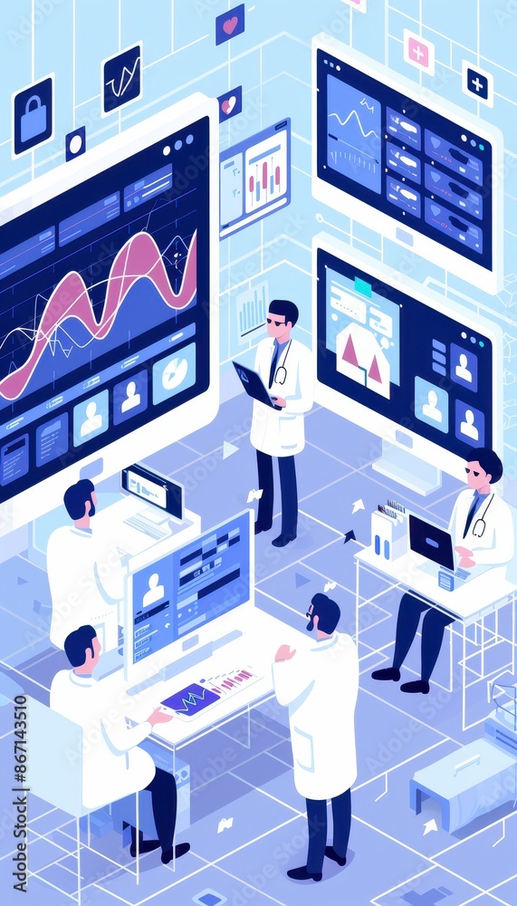 Poster Team of scientists analyzing data on large screens in a futuristic lab. High-tech research environment with charts and graphs.