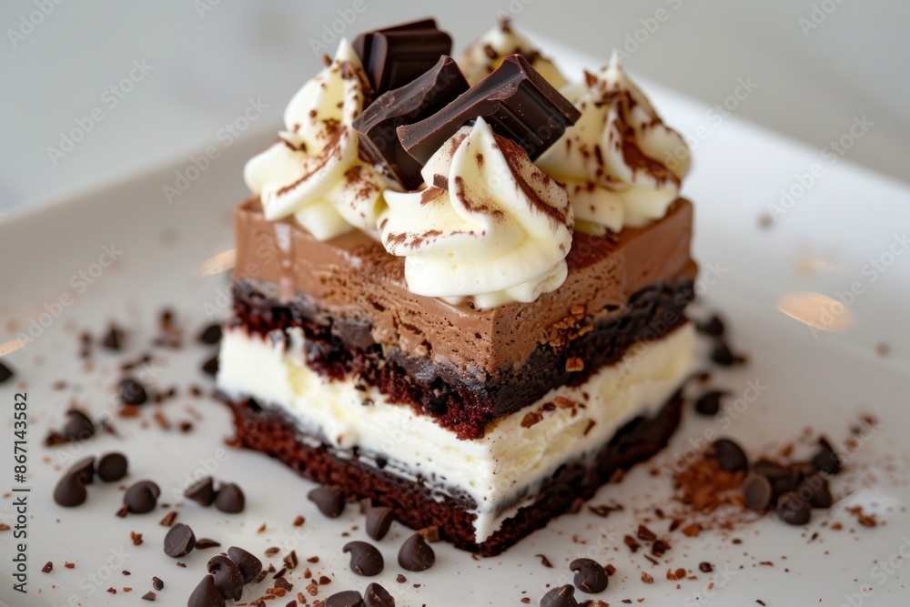 Sticker Chocolate cake with white frosting and chocolate chips sitting on white plate being sprinkled with chocolate shavings