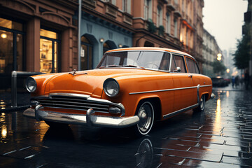 an orange car parked on a wet street