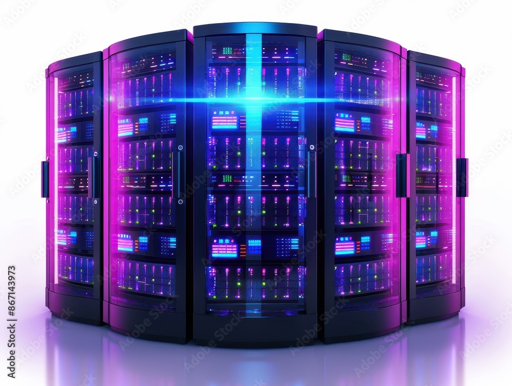 Poster modern server room with glowing neon lights illustrating data center technology, network connectivit