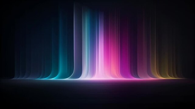 Vertical streams of vibrant light rise from a dark horizon, resembling aurora curtains. Brilliant hues of teal, pink, and purple blend seamlessly.
