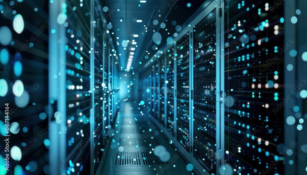 Fototapete modern data center with server racks illuminated in blue light, representing advanced technology and