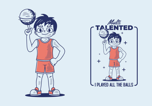 Character of boy wearing a basketball costume and spinning a large golf ball