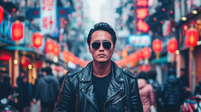 Man in leather jacket wearing sunglasses, standing in a busy Asian street with red lanterns, offering a cinematic urban scene.