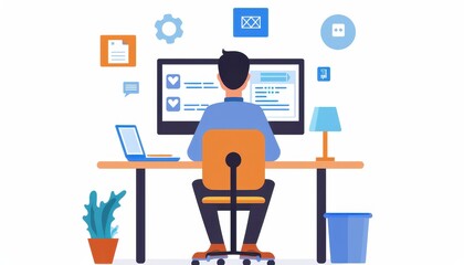 Illustration of a person working on a computer at a desk, surrounded by icons representing tasks and communication.