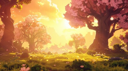 Magical sunset in an enchanted forest with cherry blossom trees. Fantasy concept art, digital painting.