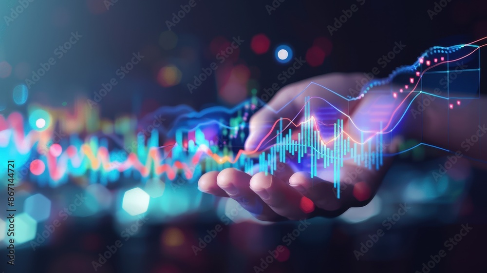 Poster hand holding futuristic holographic financial data chart with colorful light effects, representing a