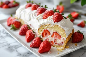 Delicious homemade strawberry roll cake with whipped cream and fresh strawberries on a white plate