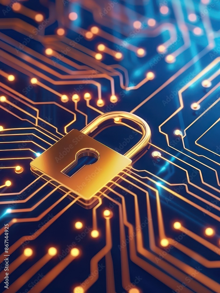 Aufkleber golden padlock on a circuit board, symbolizing cybersecurity and data protection, with a blue backgr