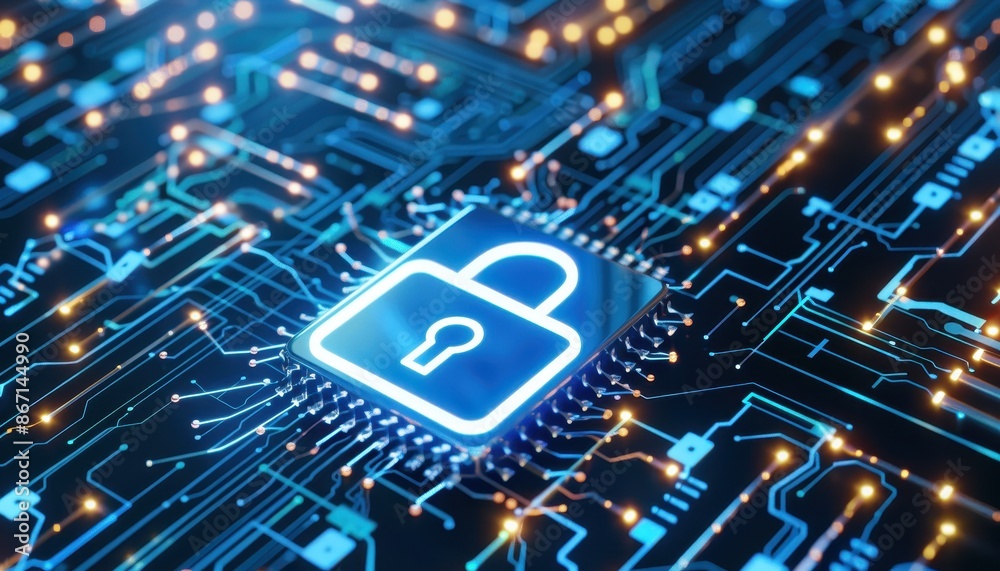 Poster glowing lock icon on a digital circuit board, symbolizing cybersecurity, data protection, and secure