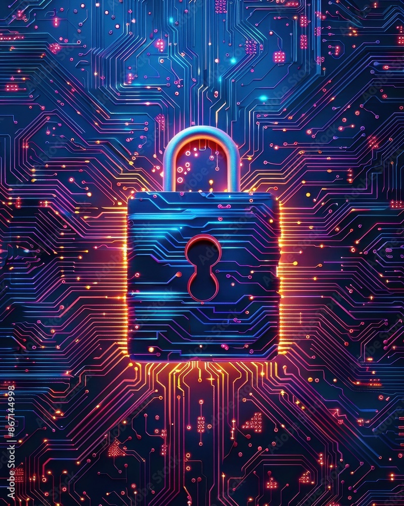 Poster glowing padlock on a digital circuit board background, symbolizing cybersecurity, data protection, a
