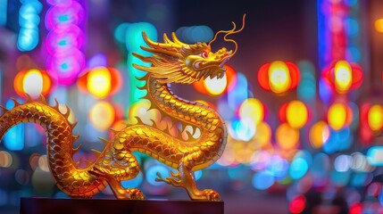 Obraz premium Golden dragon statue illuminated by vibrant city lights in an urban night scene, symbolizing culture and tradition.