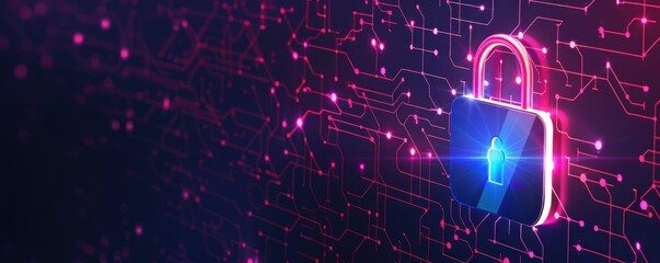 Glowing padlock symbol against a digital background representing cybersecurity, online safety, and data protection in a tech environment.