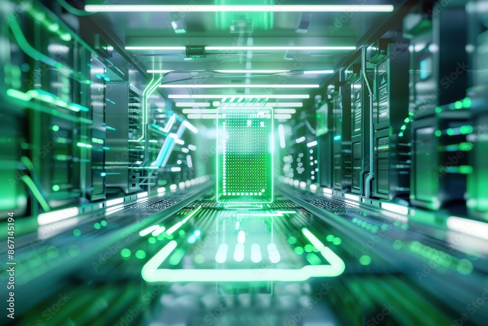Fototapete futuristic server room with glowing green lights, showcasing advanced technology and data processing