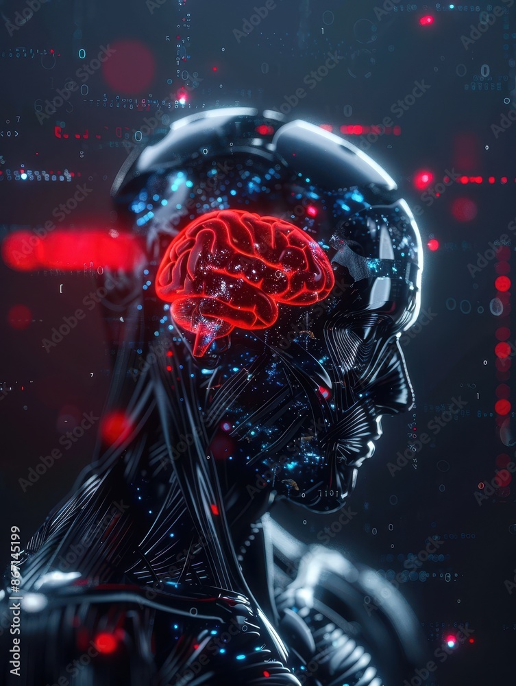 Aufkleber Futuristic robotic figure with glowing brain, symbolizing advanced artificial intelligence and cyber technology.