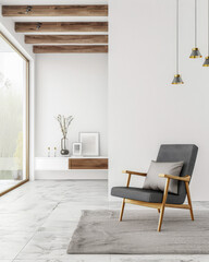 Minimalist living room interiors with rustic furniture, window lighting and copy space. Residential Real Estate composition in neutral tone.
