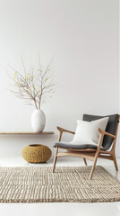Minimalist living room interiors with rustic furniture, window lighting and copy space. Residential Real Estate composition in neutral tone.