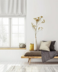 Minimalist living room interiors with rustic furniture, window lighting and copy space. Residential Real Estate composition in neutral tone.