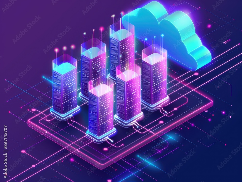 Fototapete futuristic digital data center concept with glowing neon servers connected to a cloud, depicting adv