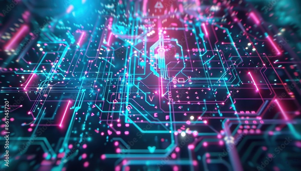 Poster futuristic digital circuit board with neon lights. high-tech information flow and cyberpunk vibe. re