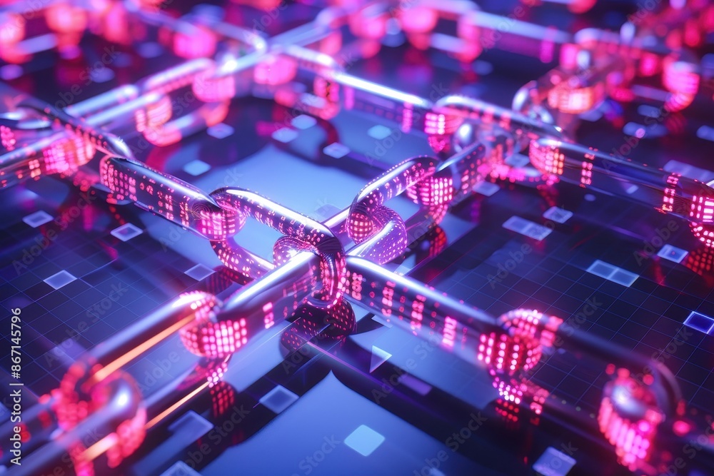 Aufkleber Futuristic digital blockchain network, glowing technology on a dark background, showcasing innovation and security in data connection.