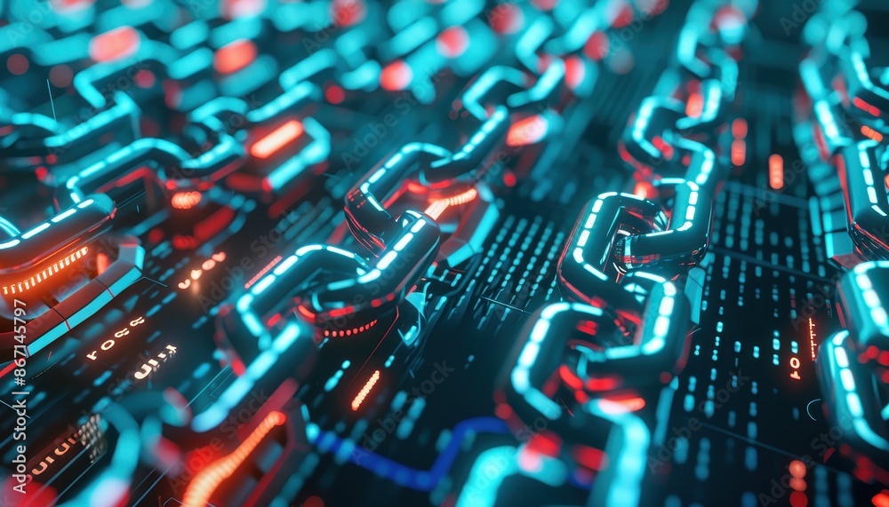 Poster Futuristic digital blockchain concept with glowing chains and circuit board in blue and red tones symbolizing technology and security.
