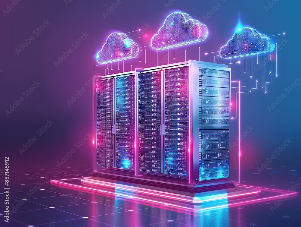 Fototapete futuristic data center with glowing servers and cloud technology icons, symbolizing cloud computing 