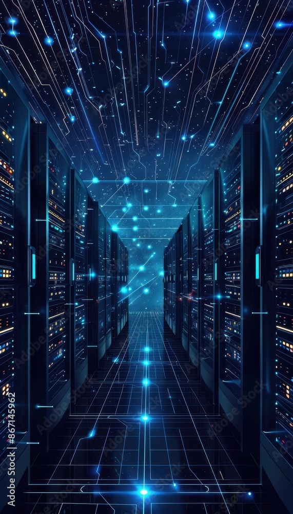Leinwandbilder futuristic data center with glowing lights and advanced servers, showcasing digital connections and 