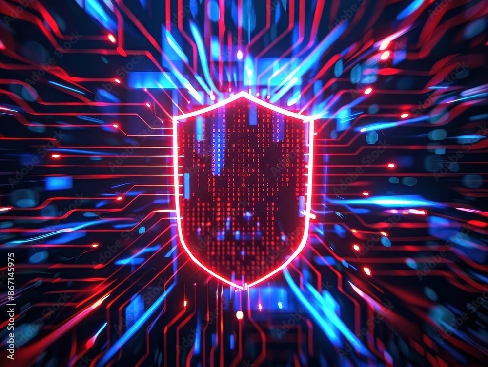 Aufkleber futuristic cybersecurity shield with glowing red and blue digital circuits, representing advanced te