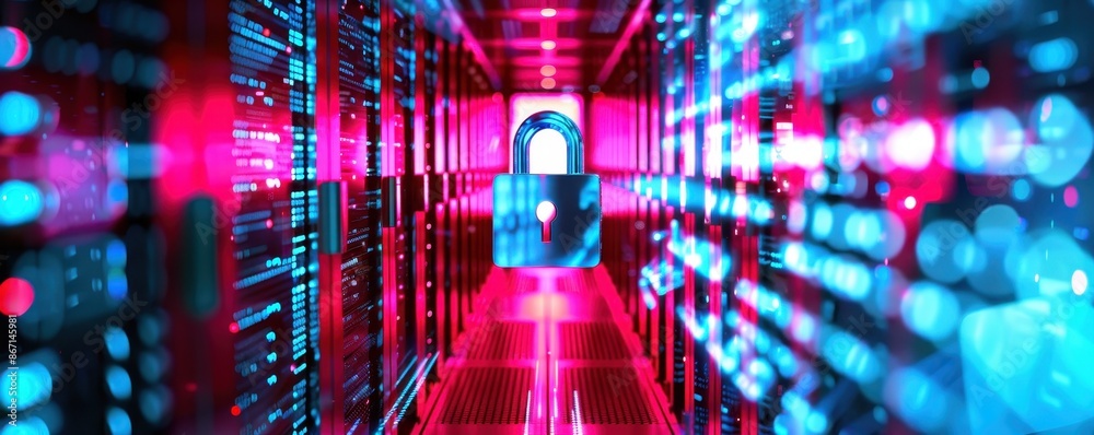 Aufkleber Futuristic data center corridor with glowing server racks, representing advanced technology and digital information storage.