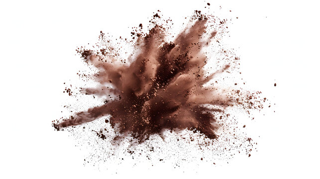 Burst of cocoa powder mixed with a hint of colored powder, creating a visually striking and dynamic scene. The explosion is set against a white background to emphasize the colors.