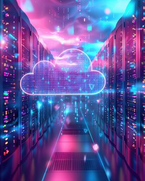 Futuristic data center with a glowing cloud symbol, representing cloud computing and digital technology advancements.