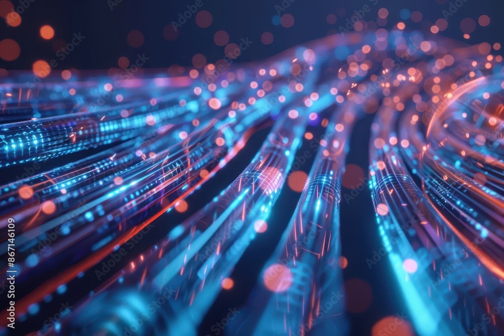 Aufkleber futuristic abstract background featuring glowing fiber optic strands and digital light bokeh in a dy